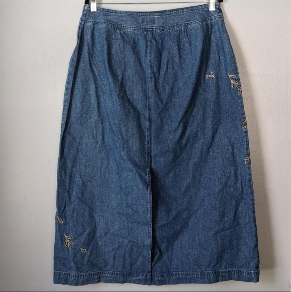 Vintage Crazy Horse Embroidered Denim Maxi Skirt Blue And Beige Leaf Print 14 - Picture 2 of 6